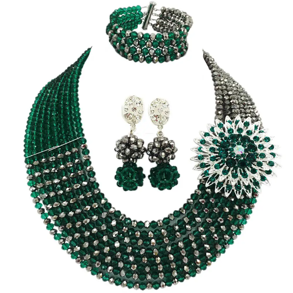 

Teal Green Army Green Silver African Necklace Jewelry Set Nigerian Wedding Beads Crystal Bridal Party Jewelry Sets 8JBK13