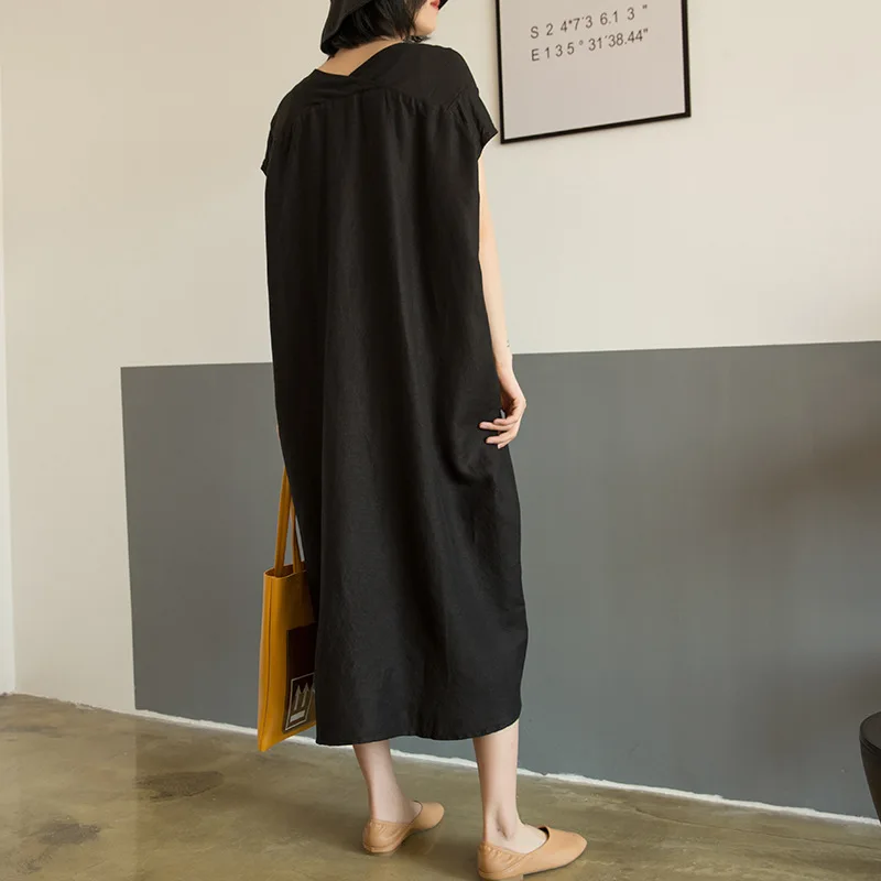 Женское асимметричное платье Johnature однотонное льняное с V образным вырезом