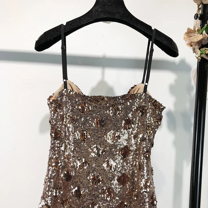 2019 Летняя мода Уличная Сексуальная Спагетти ремень Блестки Мини платье женщины