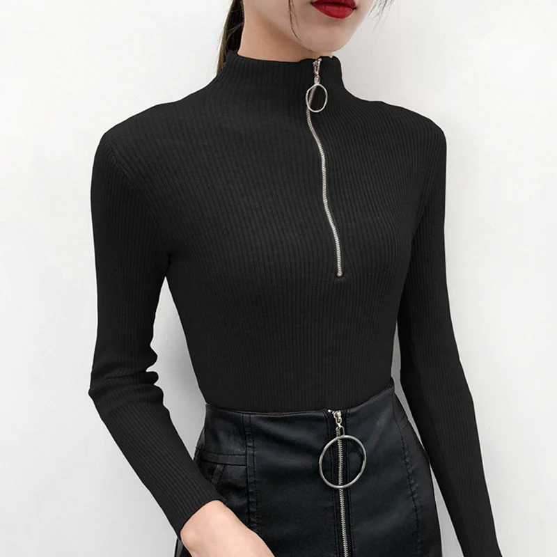 shintimes Casual Zipper Turtleneck Pullovers Women Sweater Long Sleeve Elastic Knitted Femme Solid Warm Jumper High Quality Tops | Женская