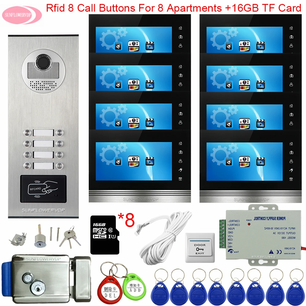 

Видеодомофон для 6-12 квартир, 7-дюймовый цветной Домашний домофон + 16 ГБ TF-карта, Управление Доступом + электронный дверной замок