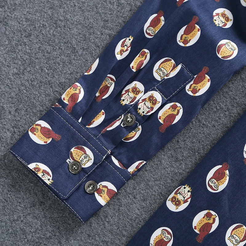 Мужская рубашка для отдыха темно синяя с длинным рукавом весенняя принтом хлопок