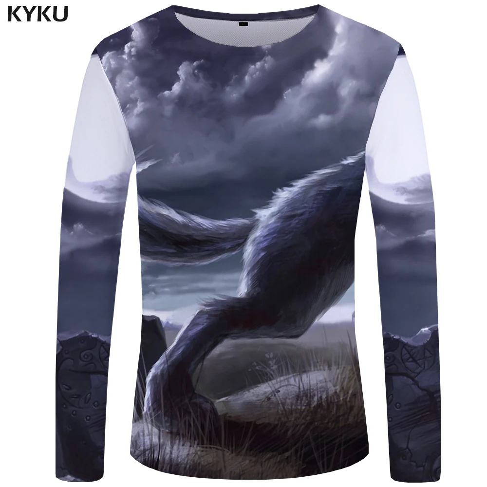 KYKU Wolf футболка мужская с длинным рукавом Футболка животного крутой хип хоп Черный Аниме одежда Япония мужская одежда мода человек тонкий