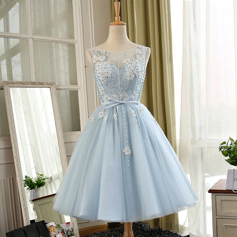 

Free ship fairy light blue flowers beading short lolita dress
