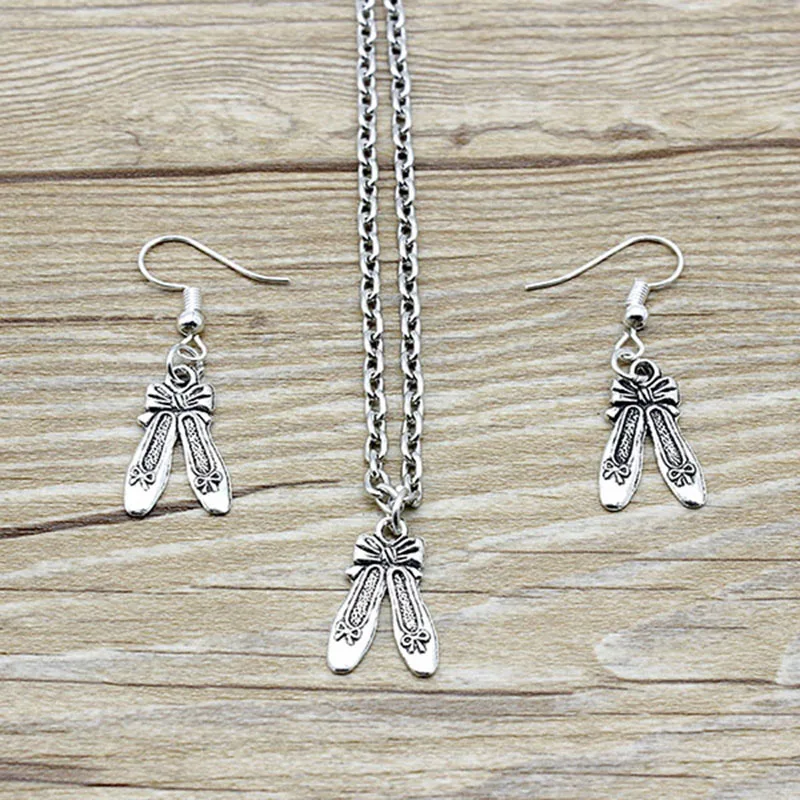 Fashion Dance Shoes With Cute Bowknot Pendent Necklace Earrings Set for Women Party Gifts Silver Color Chain Jewelry | Украшения и