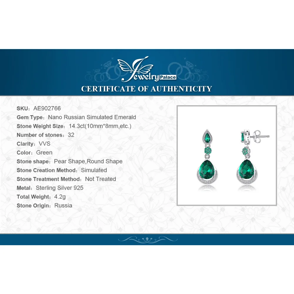 Jewelrypalace Роскошные 14.38ct создана изумрудов воды Висячие серьги из натуральной 925