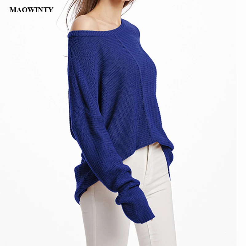 Однотонный пуловер с вырезом лодочкой женские вязанные свитера свободные