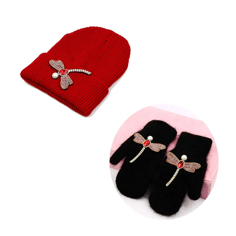 Женские перчатки зимние стрекоза с кристаллами кроличьего меха брендовые и