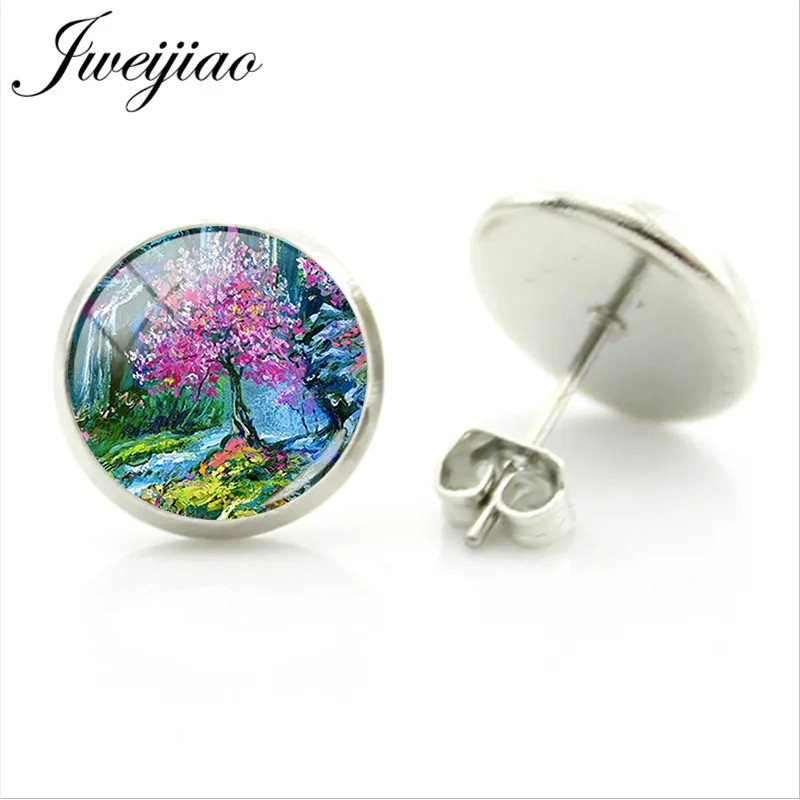 JWEIJIAO Beautiful Flowers Garden Mountain Watercolor Painting Stud Earring Glass Cabochon Earrings Rhodium Plated Jewelry SR05 | Украшения