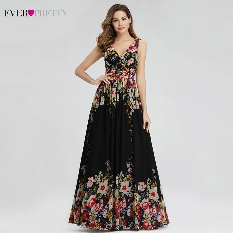 Ever Pretty Elegant Floral Printed Evening Dresses Long A-Line V-Neck Sleeveless Sexy Chiffon Formal Dresses Abiye Gece Elbisesi