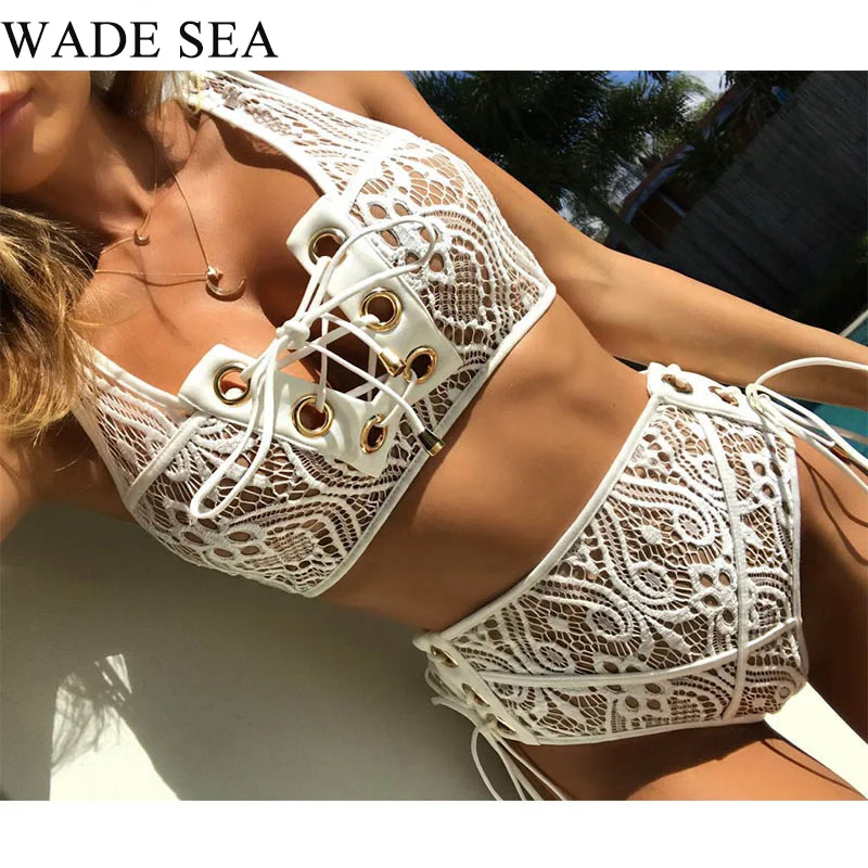 WADE Sea черный белый высокая талия купальник кружевной комплект бикини 2018