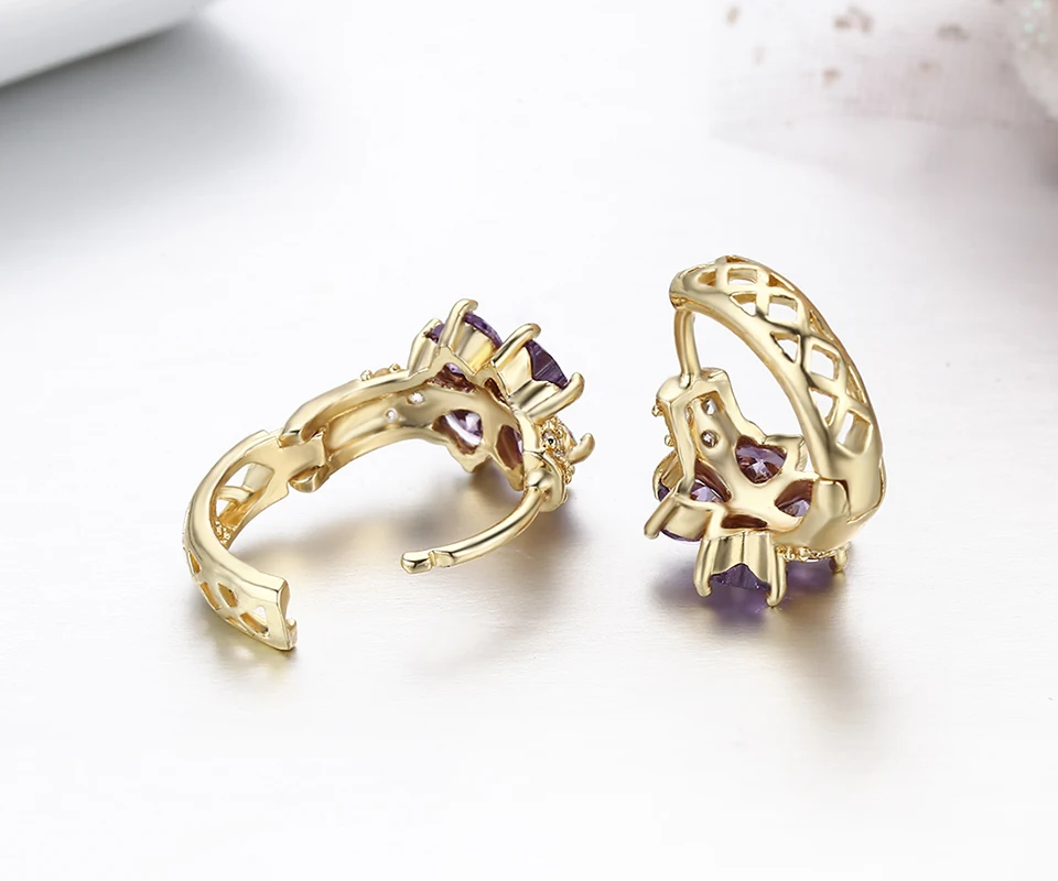 Серьги кольца с четырехлистным клевером и сердечком желтые золотые фиолетовые