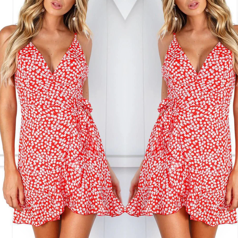 Летние сексуальные глубокие v-образным вырезом Цветочные скольжения платье