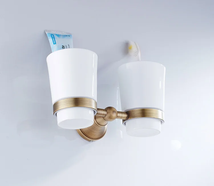 Античная латунная керамическая зубная кружка чашка с латунным держателем для