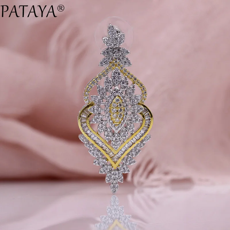 PATAYA, новые длинные серьги-гвоздики с двойным сердцем для женщин, розовое золото, модные ювелирные изделия, микро воск, инкрустация белым натуральным цирконием, роскошные серьги