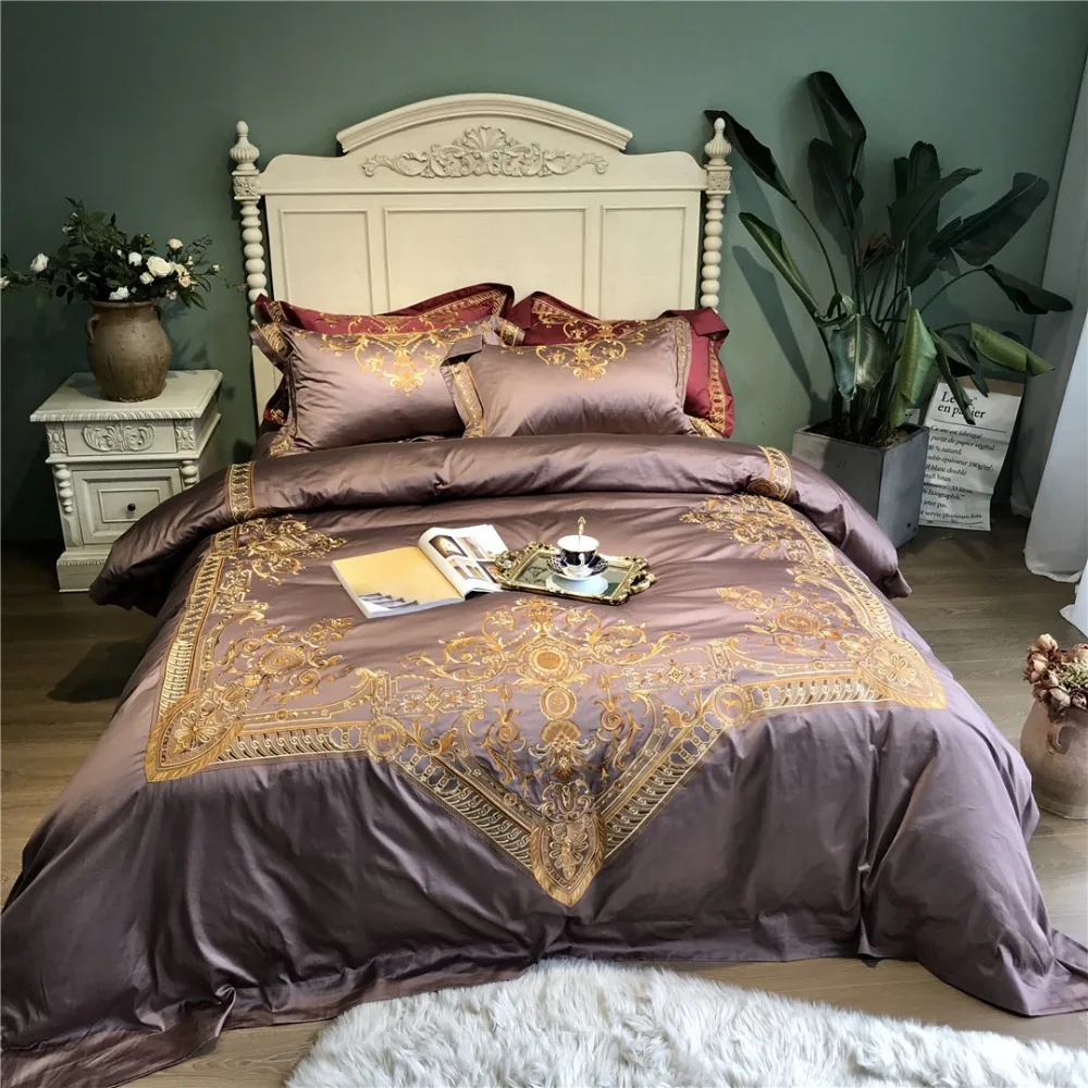 

Coffee luxury Embroidered 120S Egyeptian cotton Royal Bedding sets Queen King Wedding Duvet cover Bed sheet set Pillowcases 4pcs
