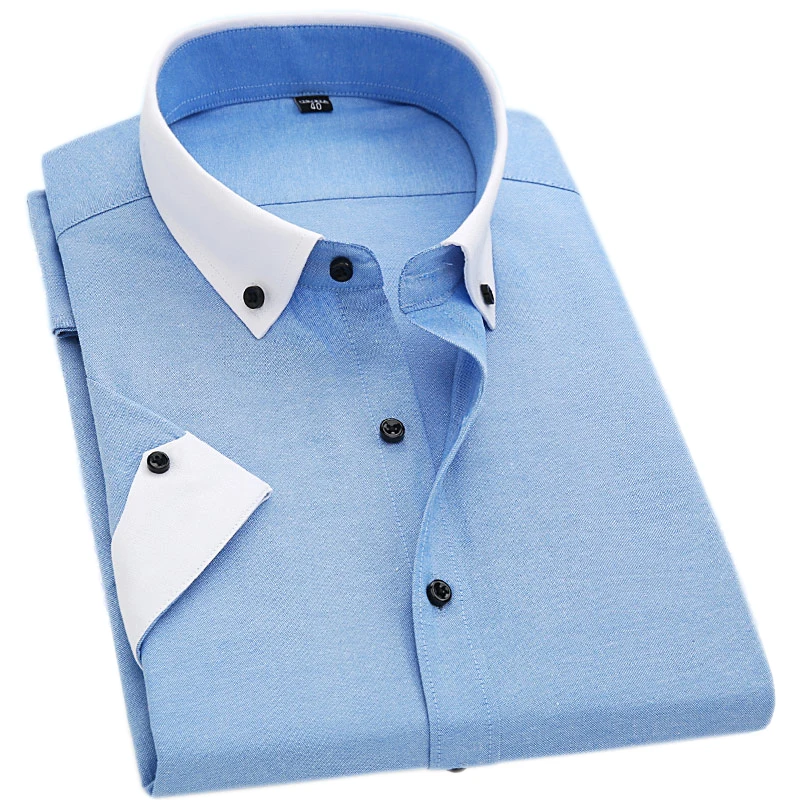 Лето 2017 Мужская рубашка с коротким рукавом Однотонная оксфордская контрастным