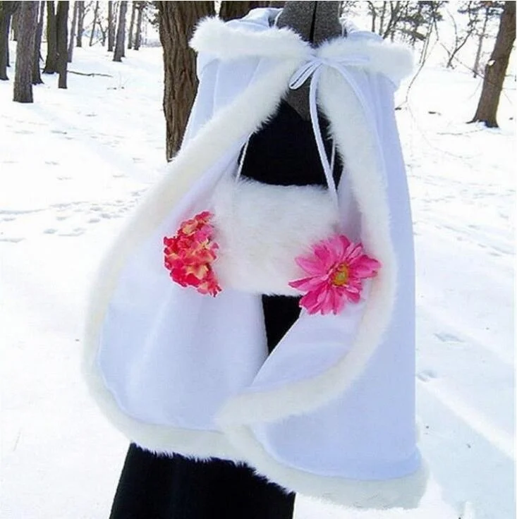 Женское длинное теплое пончо с капюшоном и искусственным мехом|Свадебные