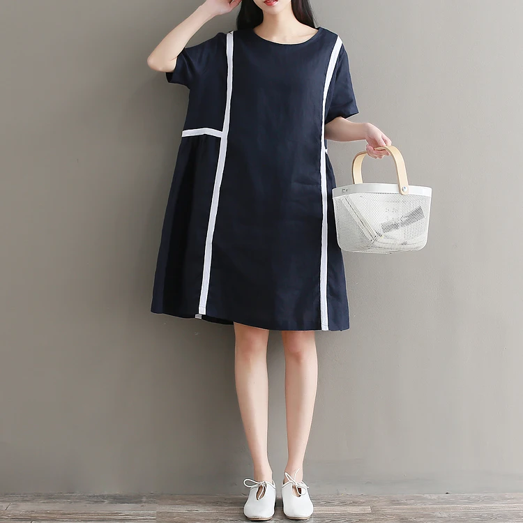 Высокое качество с коротким рукавом nevy синий льняное платье для женщин | Женская
