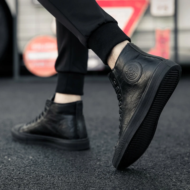 Men shoes leather fashion High Tops Male boots Luxury Brand mens casual sneakers waterproof lace up Flats solid color | Обувь