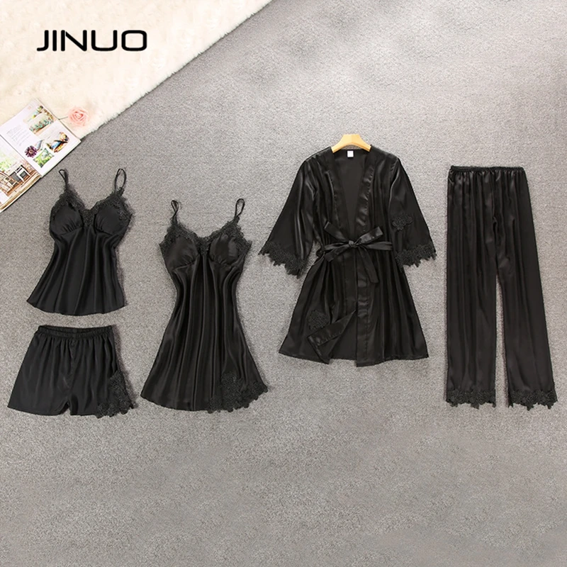 JINUO 5 шт./компл. женские пижамы шт. атласная пижама шелковая одежда с вышивкой для