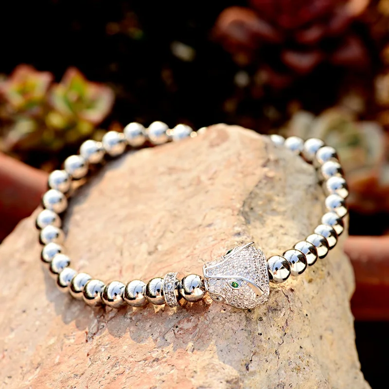 2019 Trendy Men Elastic Bracelets White Micro Pave CZ Leopard Charm &amp Bangles Male Beads Jewelry Gift ABL045 | Украшения и