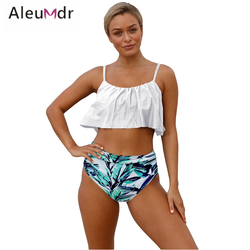 Aleumdr женский купальник 2019 Новый Белый Топ с рюшами низ высокой талией сексуальный