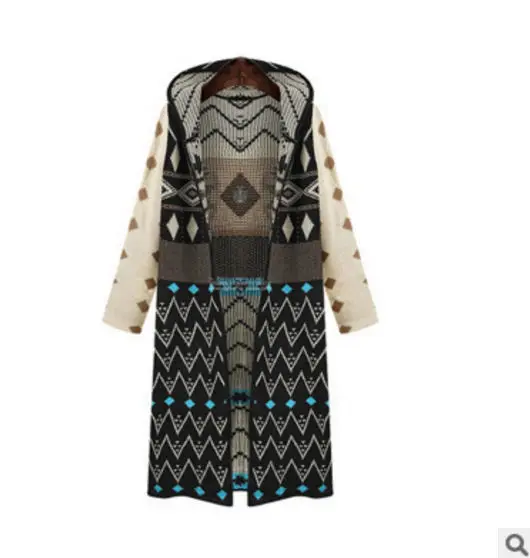 Hot Sale Ladies Long Knitted Cardigan Loose Casual Hooded Geometric Jacket Coat Boho Sweater Free Shipping |