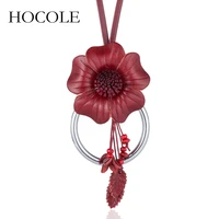 hocole beautiful new necklace jewelry handmade yellow red genuine leather flower pendant long necklaces for women collares mujer