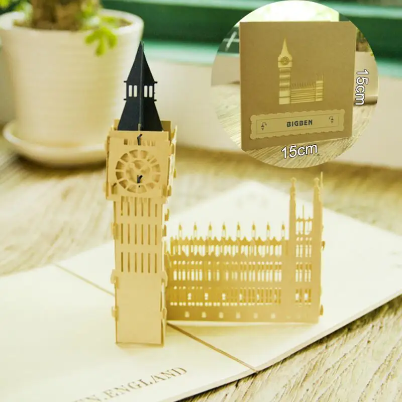 

3D Retro Big Ben Birthday Cards Postcard Pop Up Greeting Card with Envelope Handmade Gift Paper Craft 3pcs/lot