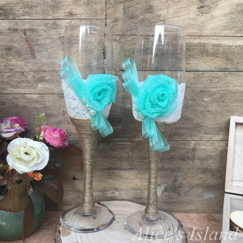 2pcs/set Wedding Glasses Champagne Toasting Flutes Customized Burlap Lace Rustic Favor Gift | Дом и сад