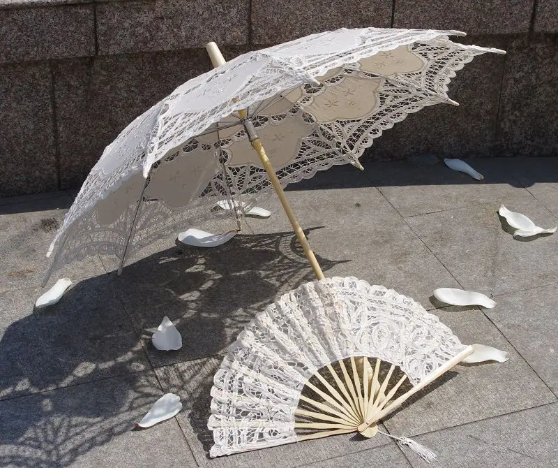 Battenburg слоновая кость Белль зонтик 30 дюймов и Ручной Веер свадебный|parasols