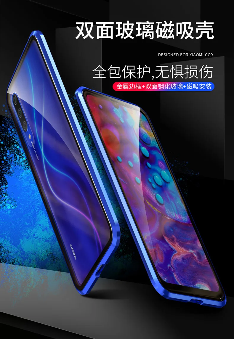 Передняя Задняя стеклянная Магнитная крышка для Xiaomi A3 Lite чехол Прозрачный Роскошный Алюминиевый металлический магнит чехол 360 полная защита