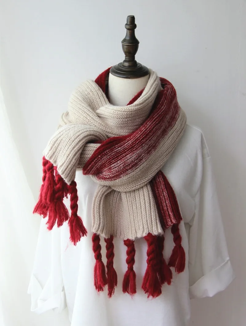 Модный толстый шерстяной шарф ручной работы с кисточками градиентный вязаный