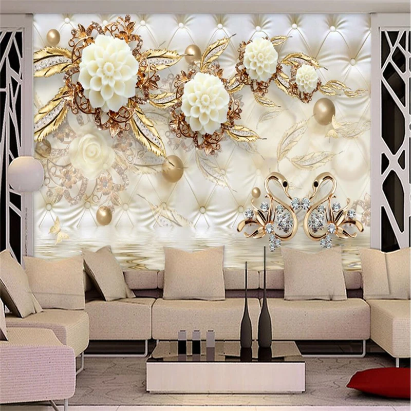 Обои на заказ 3D настенные Стикеры росписи роскошные золотые белые цветы мягкая