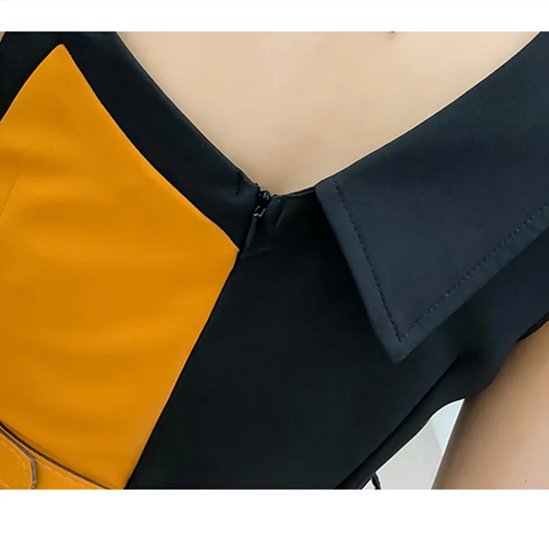 Vestiti Delle Donne Di Modo Spalle Sling Monopetto Irregolare Sexy Del Vestito Cinturino Nero giallo Splice Aderente | Женская одежда