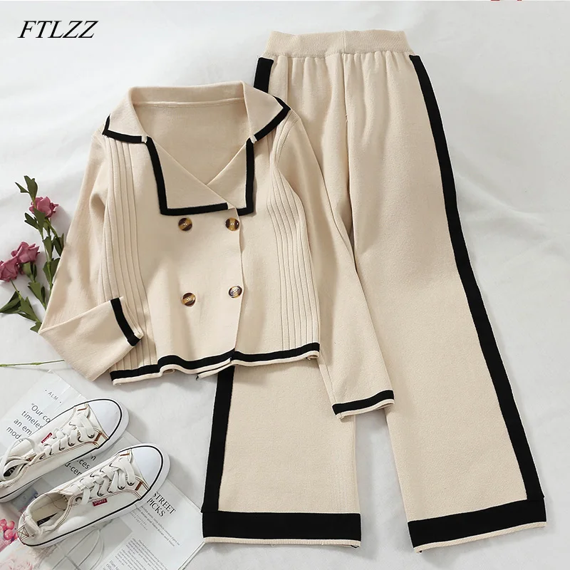 FTLZZ, женские осенние кардиганы, пальто+ брюки, костюмы, вязаные, с длинным рукавом, двубортные свитера, брюки, наборы для элегантной женщины