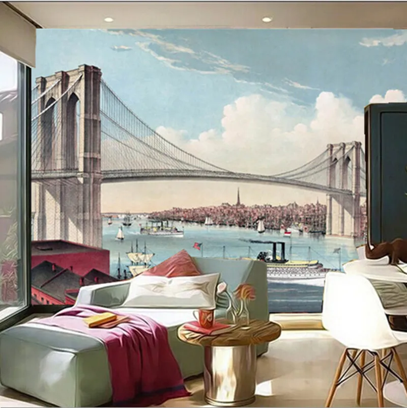 

Custom 3D large mural,NewYork's brooklyn bridge hand-painted illustrations papel de parede,living room TV wall bedroom wallpaper