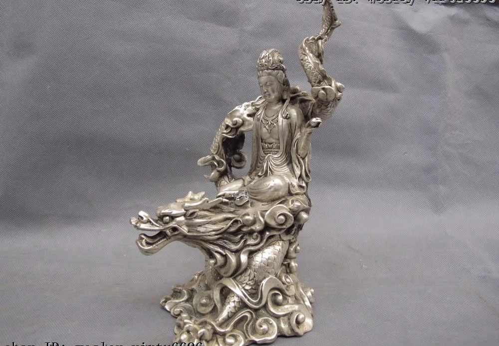 Chinese Buddhism White Copper Silver Ride Dragon Guan Yin Kwan-yin Boddhisattva | Дом и сад