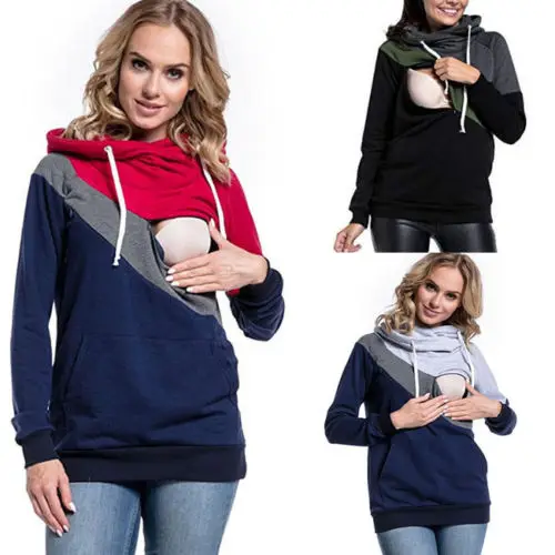 Pregnant Women's Fashion Nursing Hoodies 2018 New Casual Color Patchwork Maternity Breastfeeding Autumn Sweatshirt Top S-2XL | Женская