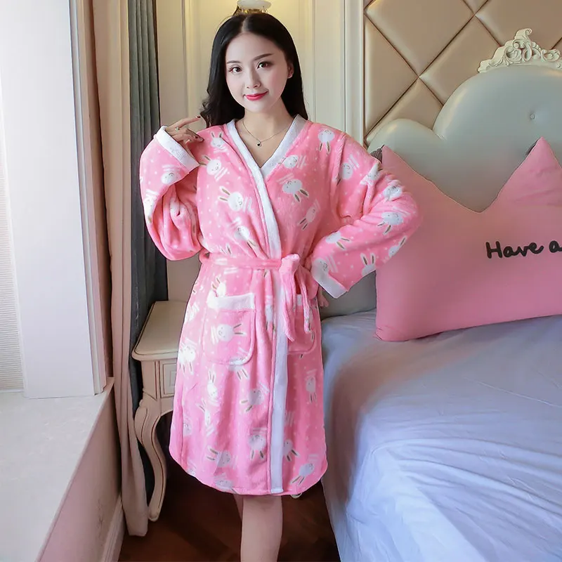 Длинный банный халат женский фланелевый зимний длинный рукав толстый теплый