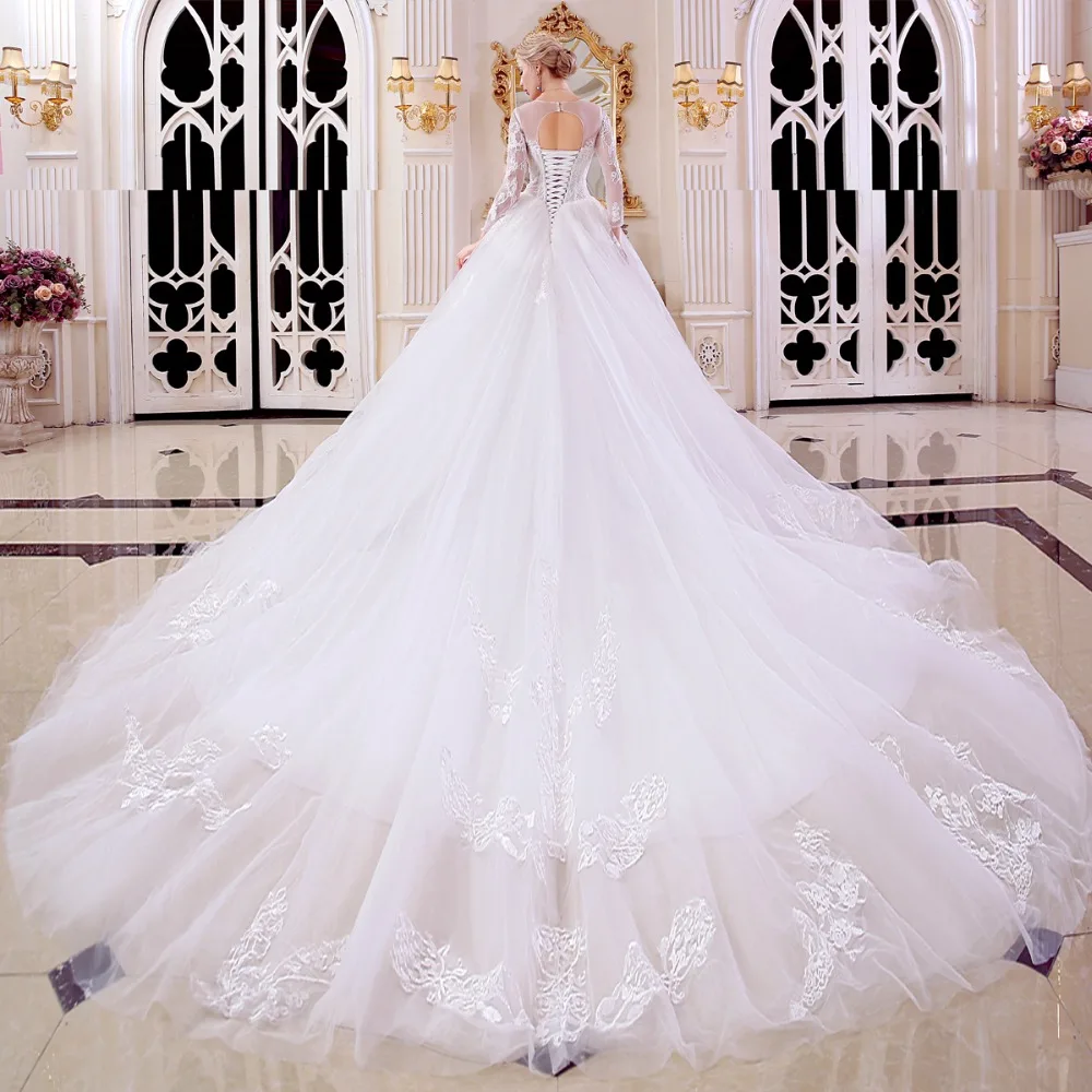 Robe de soriee New Long Wedding Dress 2018 Scoop Sleeves Vestido casamento Bridal Gowns A-line O-Neck | Свадьбы и торжества