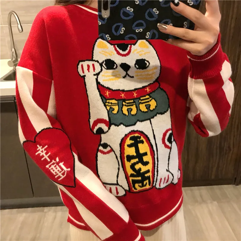 Women's Clothing Cute Kawaii Bf Red Lucky Cat Round Neck Sweater Lady Harajuku Ulzzang Sweaters For Women Thick Knitting Retro | Женская