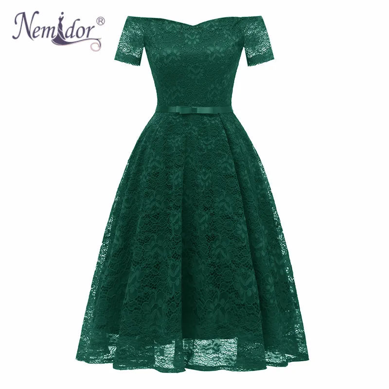 Nemidor 2019 Women Vintage Short Sleeve Bow Summer Swing A-line Dress Sexy Slash Neck Patchwork Midi Party Lace | Женская одежда