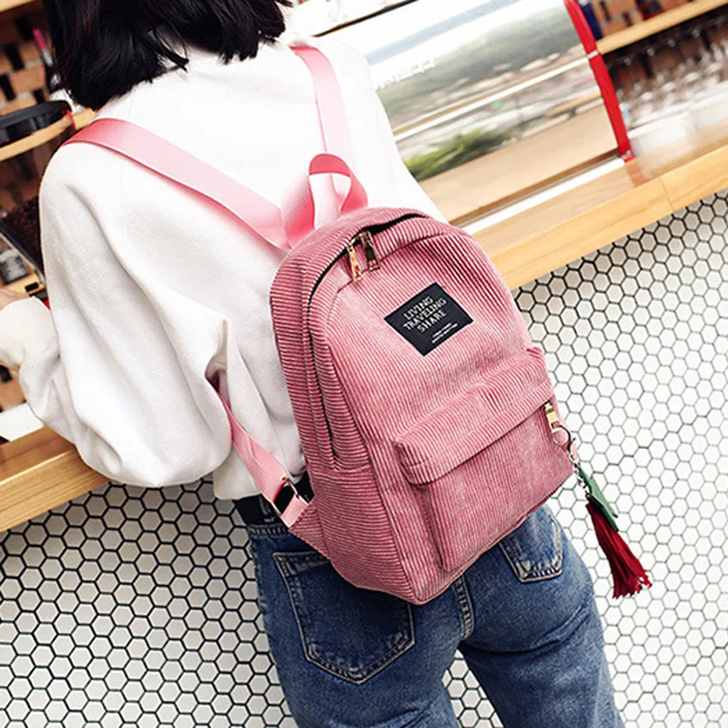 

Corduroy Women Backpacks School Soulder Bag With Tassel Female Notebook Bags For Girls Preppy Style Small Backpack Mochila Mujer