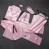 summer autumn 7 pcs set silk elegant pajamas for women stripe pink shorts pajama set long sleeve top pants full lounge sleepwear
