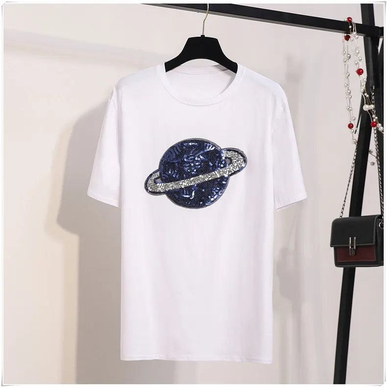 Женская хлопковая Футболка с блестками укороченный топ + джинсы дырками до