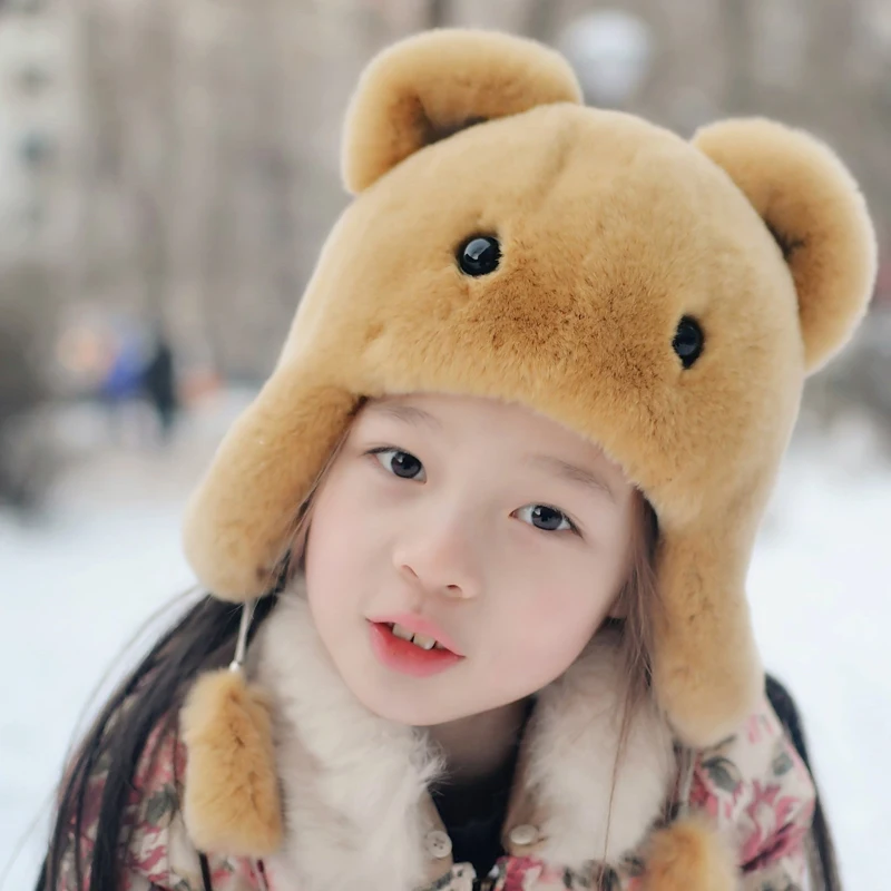 Real Rabbit Fur Children's Hat For Baby Girl Winter Warm Baby Fur Hat Solid Color Warm Ear Protection Cap
