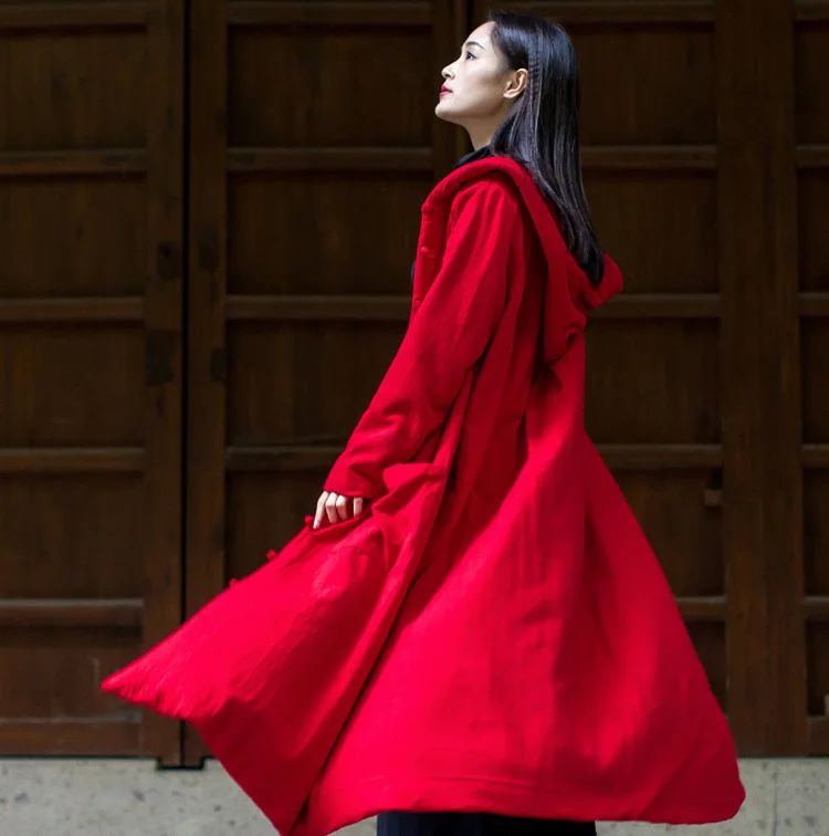 

Cotton linen winter trench hooded woman witch gown with hat X-long coat retro windbreaker cotton padded robe fleece outwear
