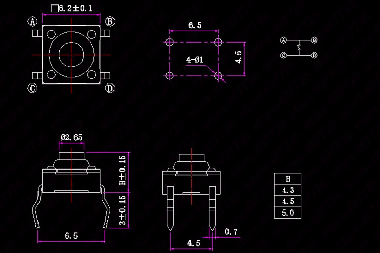 20 шт. 6x6x 5/4.3 мм водонепроницаемый бесшумная кнопка мгновенный тактический